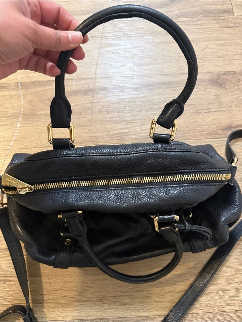 Michael Kors Black Pebbled Leather Shoulder Satchel with Gold Hardware